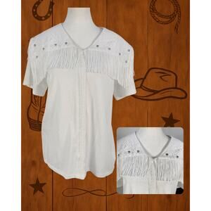 Vintage 80s Sas'sa White Fringed Studded Lace Collar Western Casual Shirt Size L